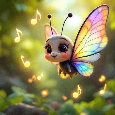 The primary subject of the image is a small, colorful butterfly with a smiling face. The butterfly is flying in a lush green forest, surrounded by trees and plants. The visual style of the image is a combination of photo and digital art, creating a whimsical and playful atmosphere. The colors in the image are predominantly green, with the butterfly being predominantly yellow, and the overall mood is cheerful and lighthearted.
